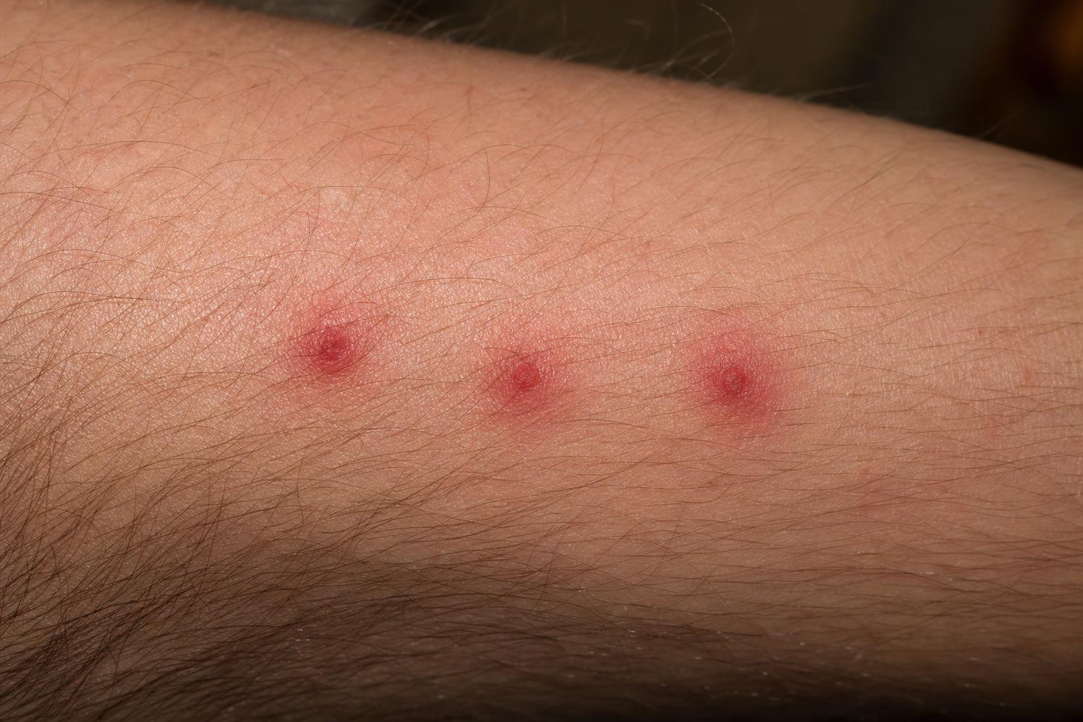 Three bed bug bites in a row on a forearm — small red itchy welts