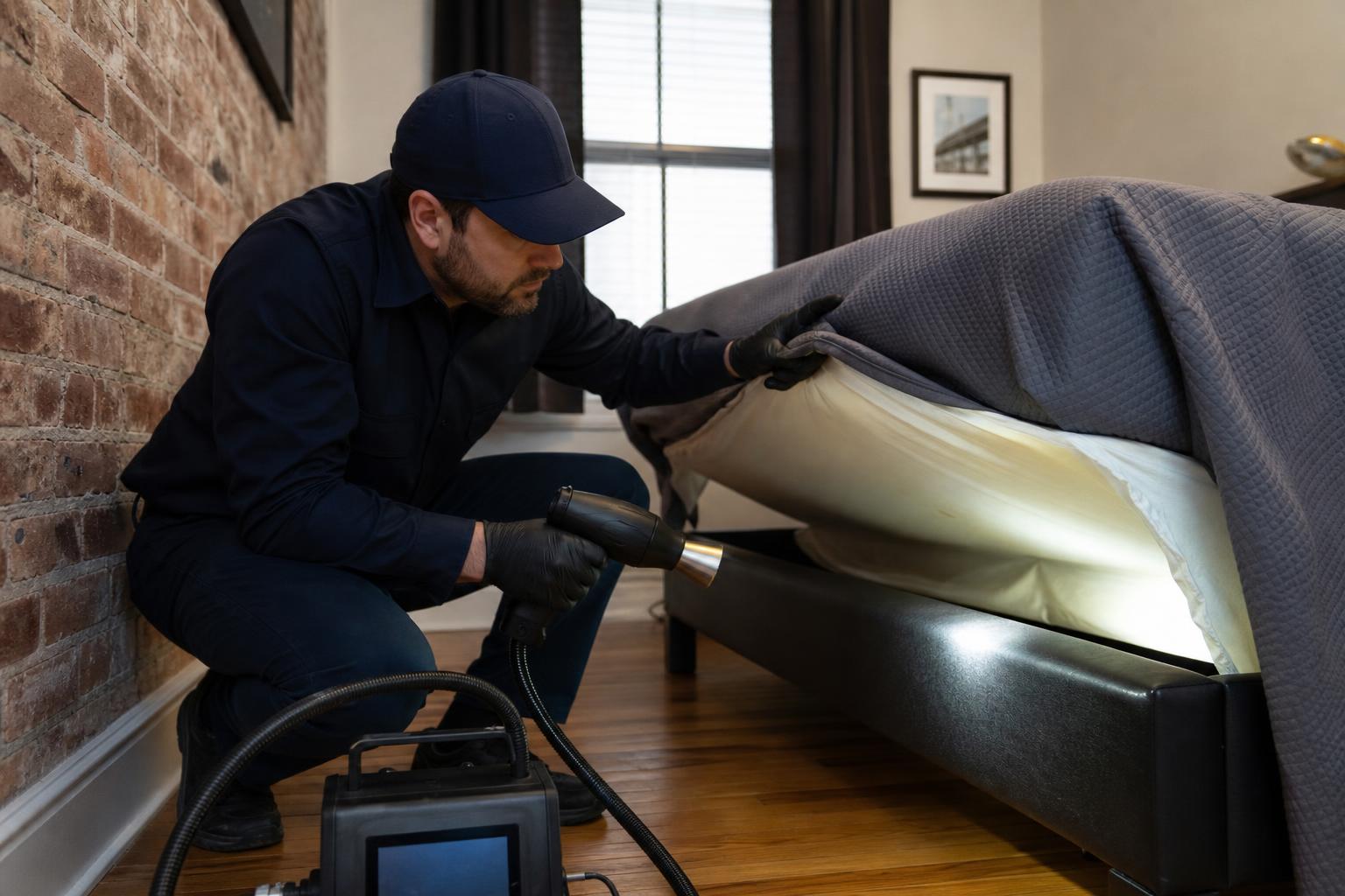 Pest control technician inspecting a mattress and box spring during a bed bug treatment